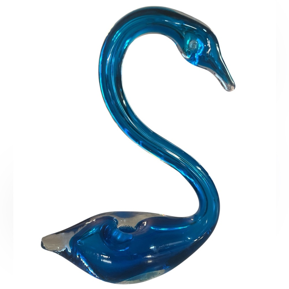 Vintage Cased Clear Cobalt Blue Art Glass Long Neck Swan